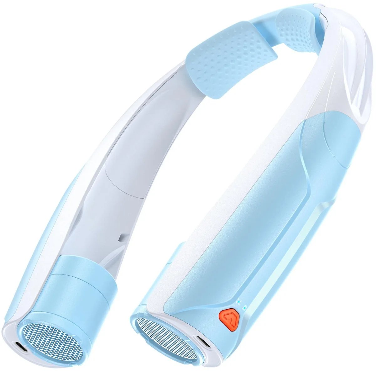 Lightweight silver neck fan with flexible silicone band, black accents on white body
