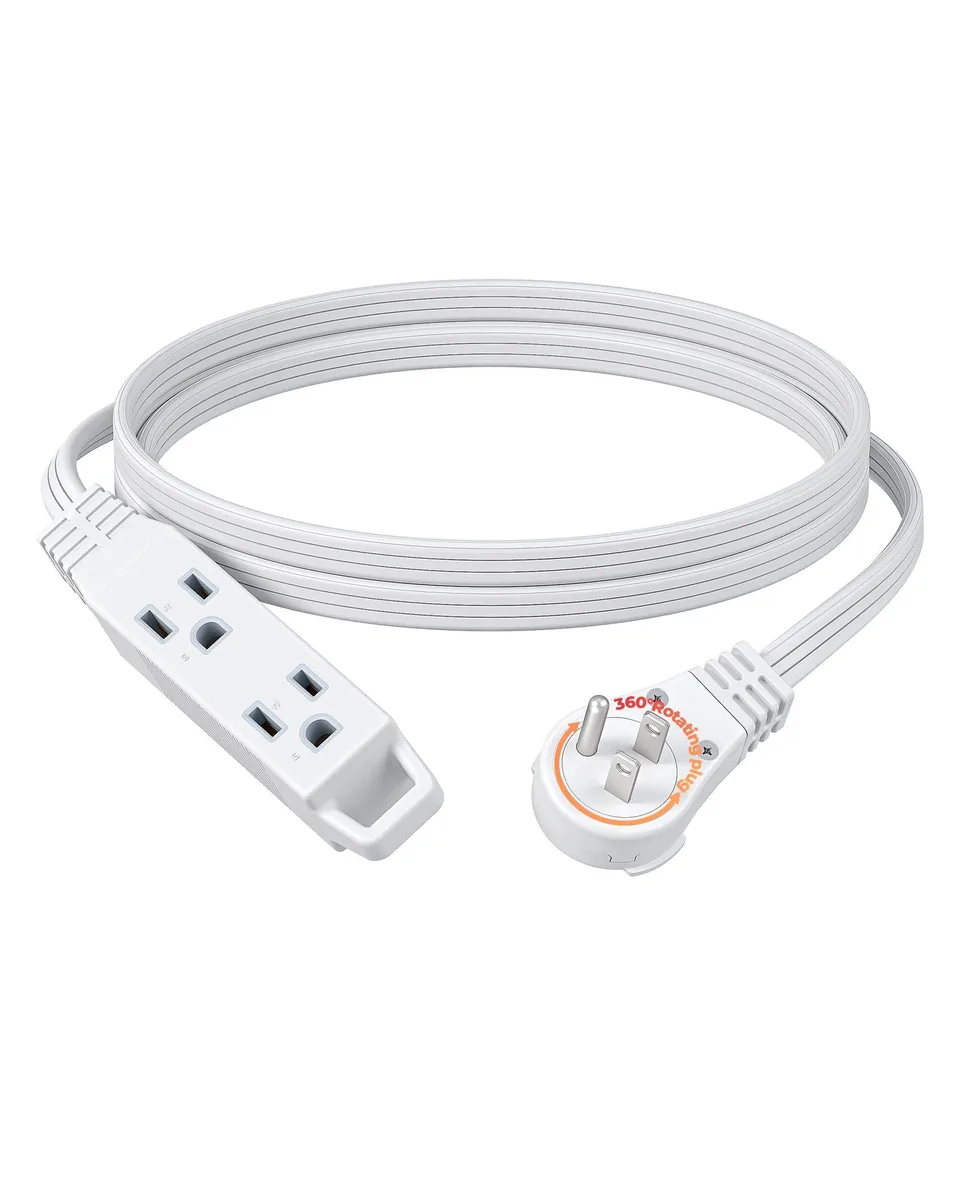 White 6-foot flat extension cord with 360-degree rotating plug and three outlets, ultra-thin low-profile design