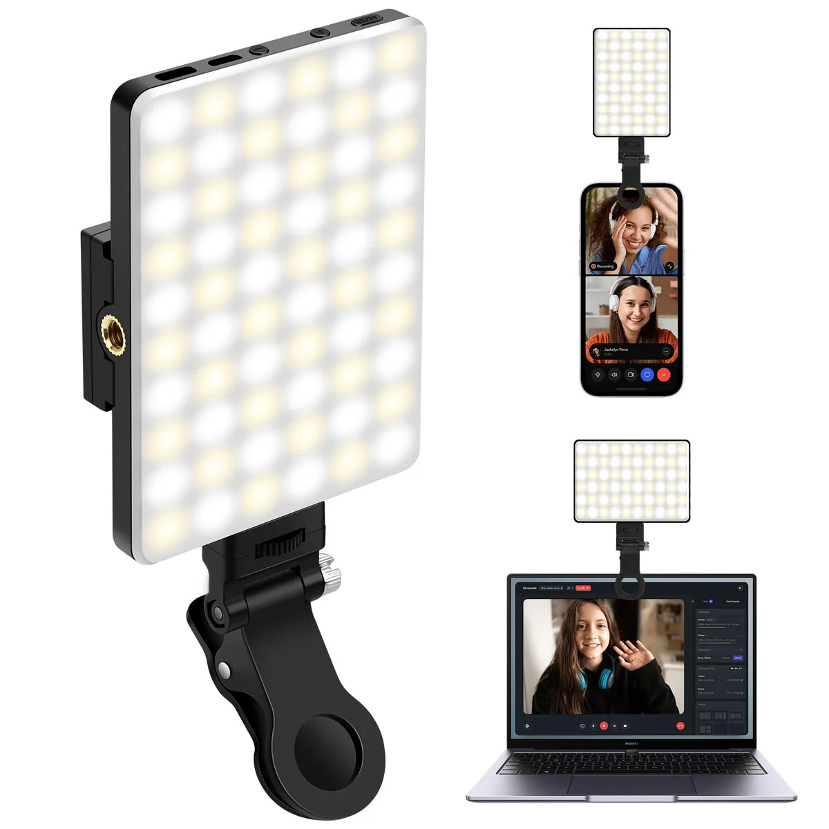  Neewer SelfieLightVC01 60 LED Selfie Light CRI 95 3 Modes 2000mAh 1.5h USB-C Micro-USB 180° Clip Black — product photo