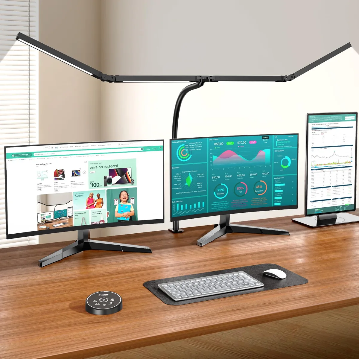 Matte rectangular desk lamp with four adjustable heads, clamp base and remote control