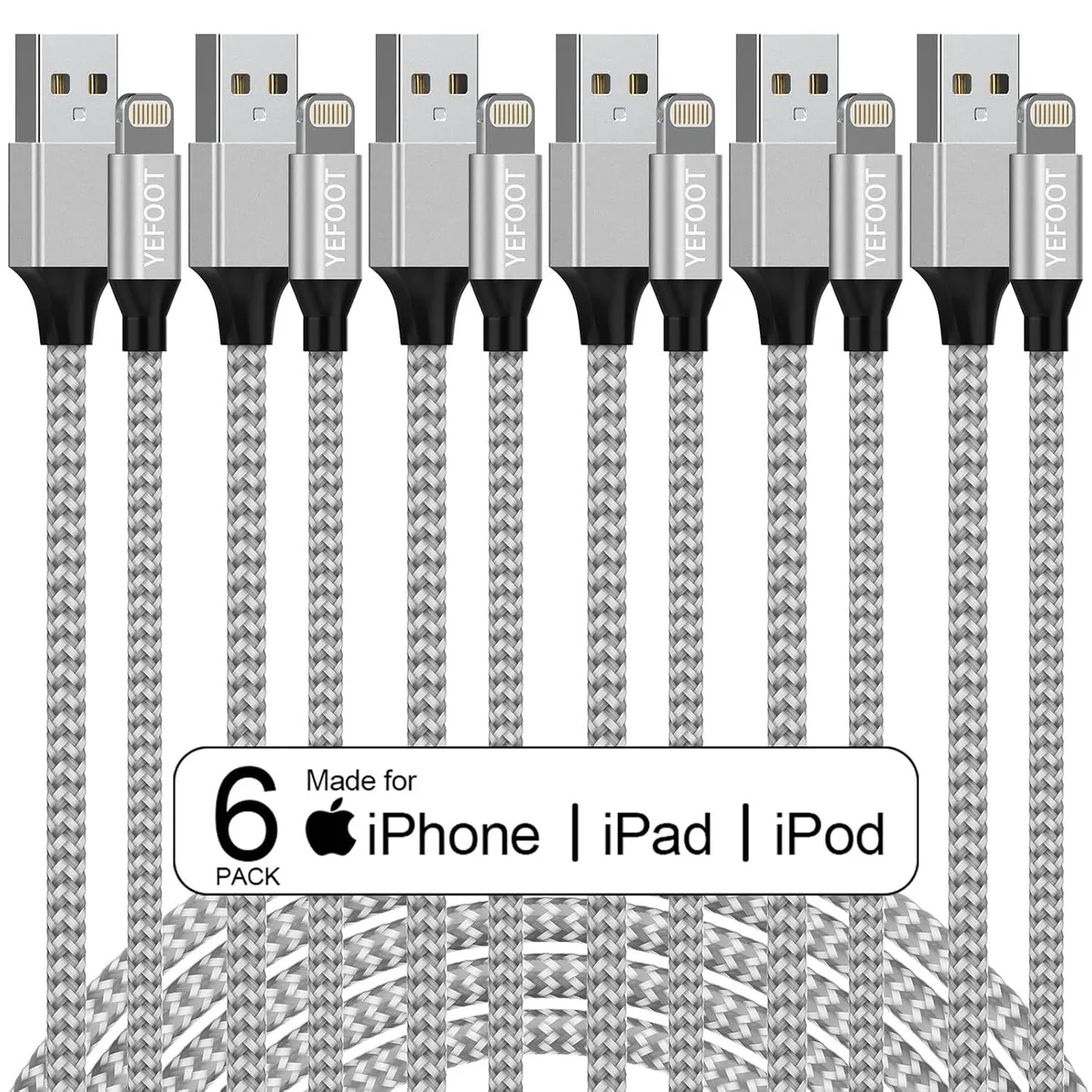 MCHOSE MCHOSE 6Pack Lightning Cable 3/3/6/6/6/10ft Silver White — product photo