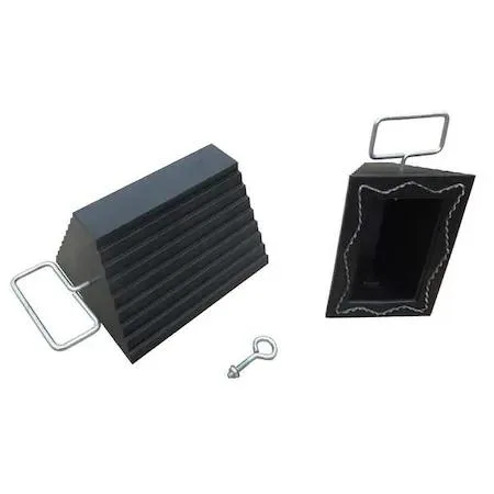 Black rubber wheel chock with grooved tread and steel grab handle