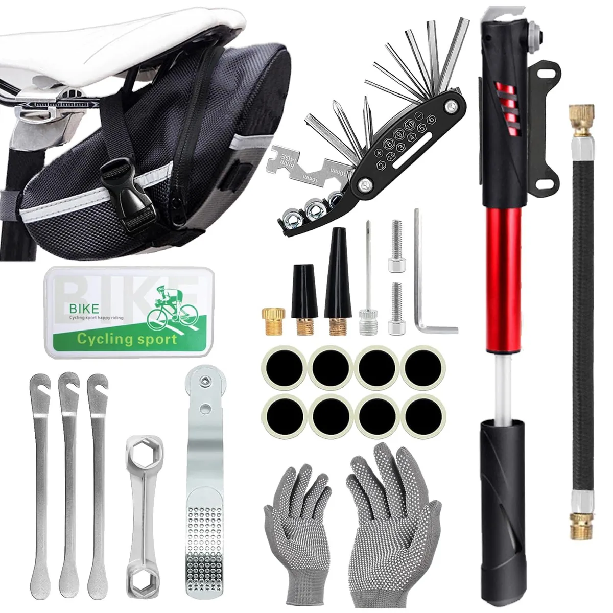DERERSTE Bicycle Repair Kit 16-in-1 Pump 120 PSI 1.2L Bag — product photo