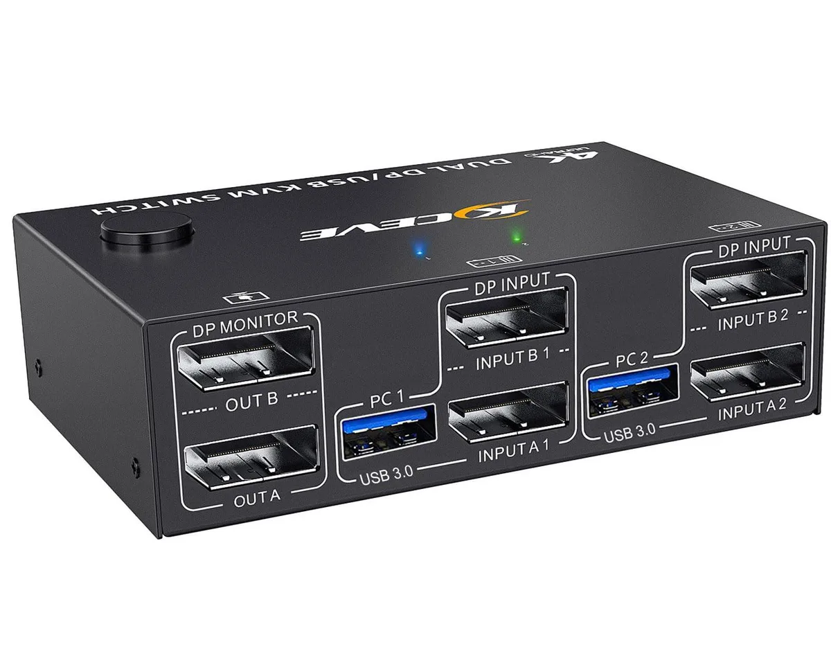 Vszerda Vszerda KC-202DP KVM Switch 2 PC 2 Monitor 4K@144Hz 4 USB 3.0 Wired Remote — product photo