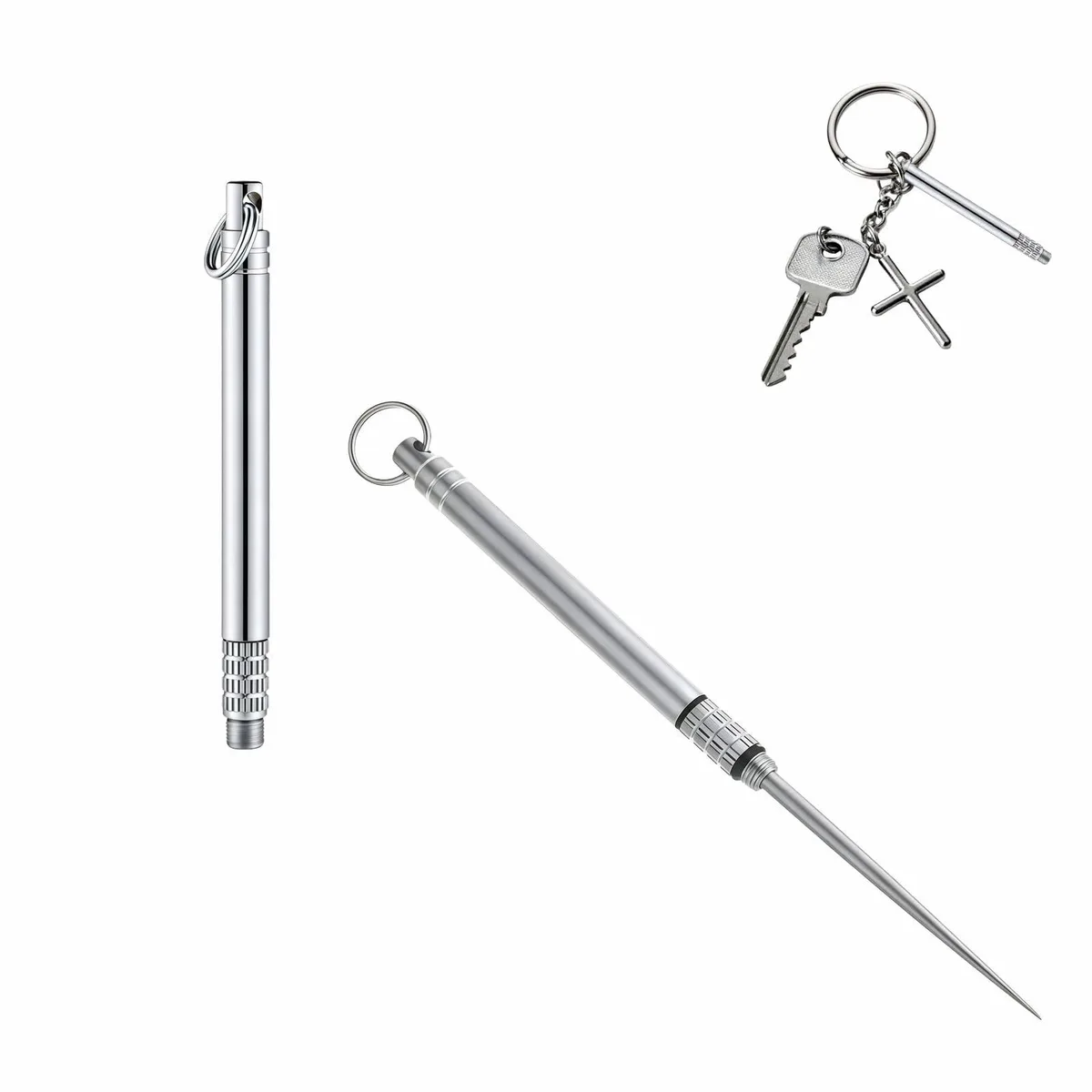 Silver titanium extendable toothpick with keychain loop, 2.36 to 3.82 inches