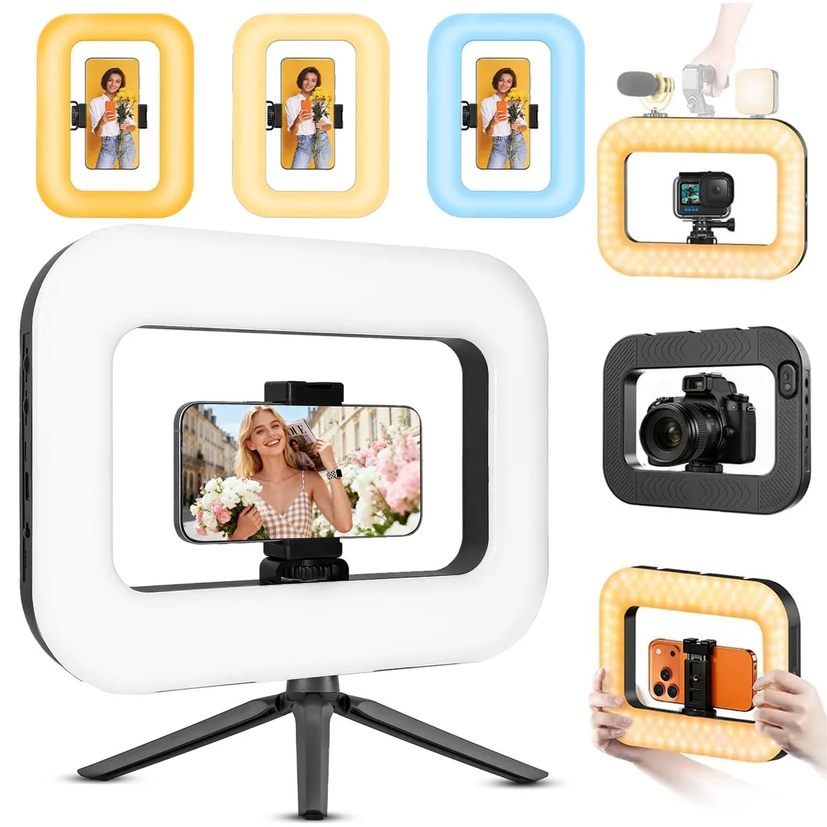 Black 20W ring light on 20cm desktop tripod with phone holder and cold shoe mounts