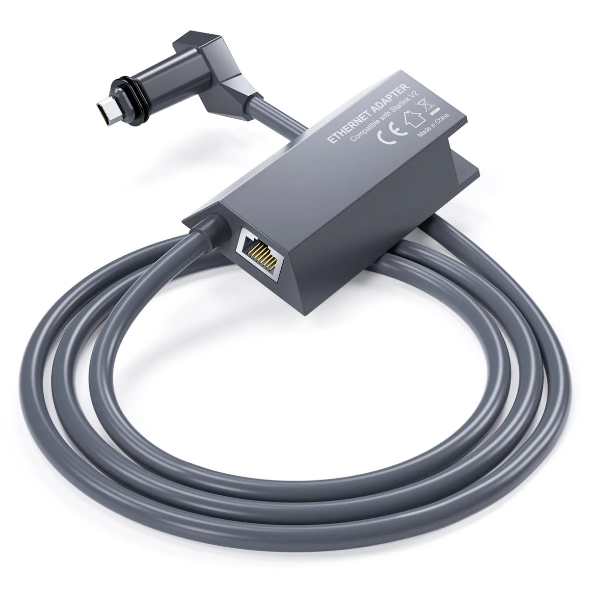 Grey rectangular adapter with short cable and RJ45 port