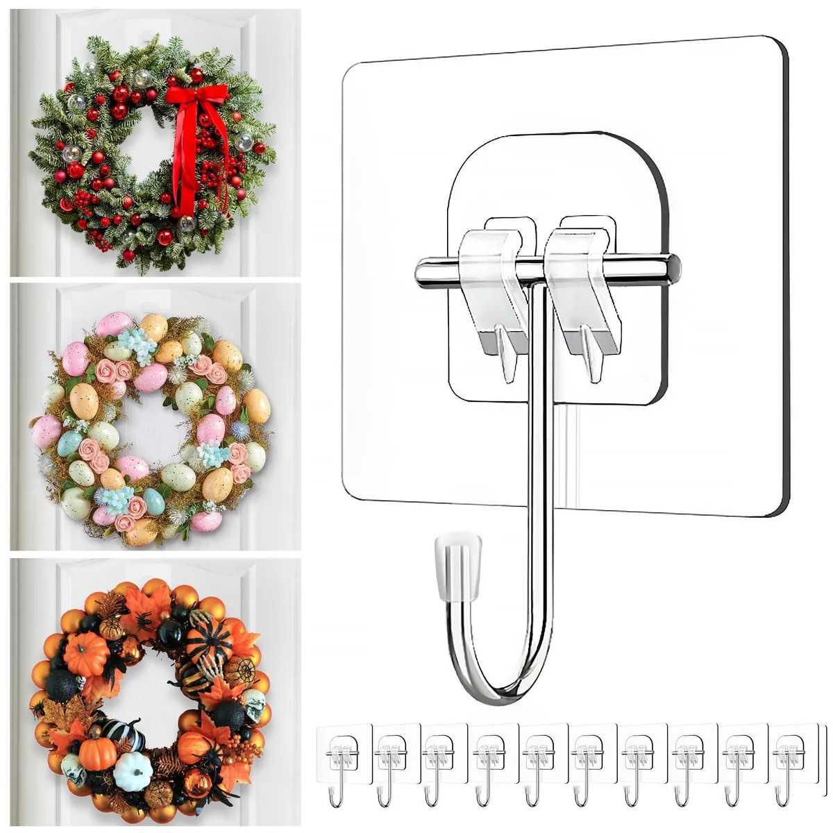  Heavy-Duty Wreath Hangers 10 Pack 60lbs Clear Adhesive Over-the-Door Hooks — product photo