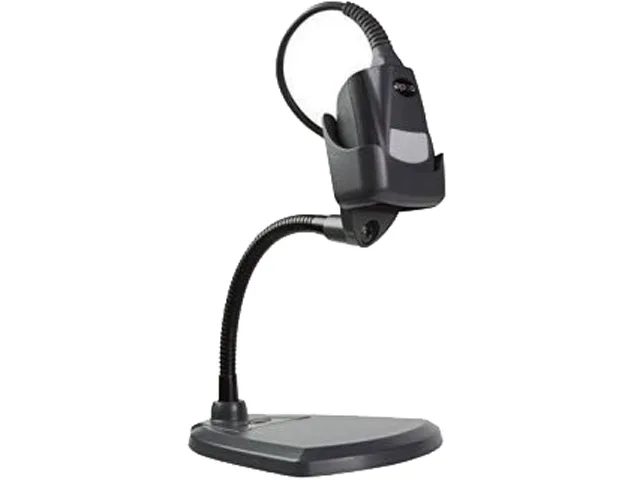 Dark grey corded barcode scanner with 6ft USB cable and stand