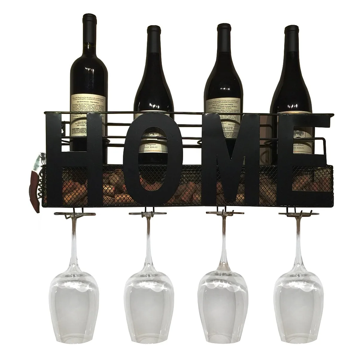 The Wires Zone The Wires Zone HOME-WINERACK Wall Mounted Wine Rack Cork Holder 4 Bottles 4 Glasses 100 Corks — product photo