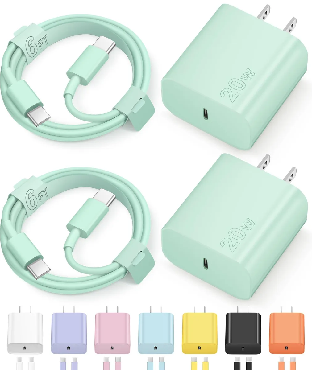 Green USB-C wall charger with six-foot cable