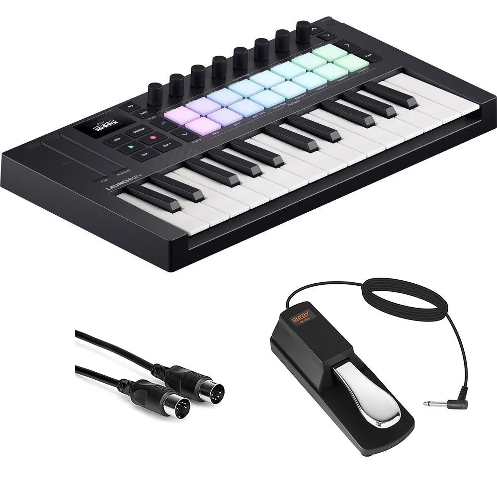 Novation Novation Launchkey Mini 25 MK4 25-key MIDI controller bundle with sustain pedal and 10 ft cable — product photo