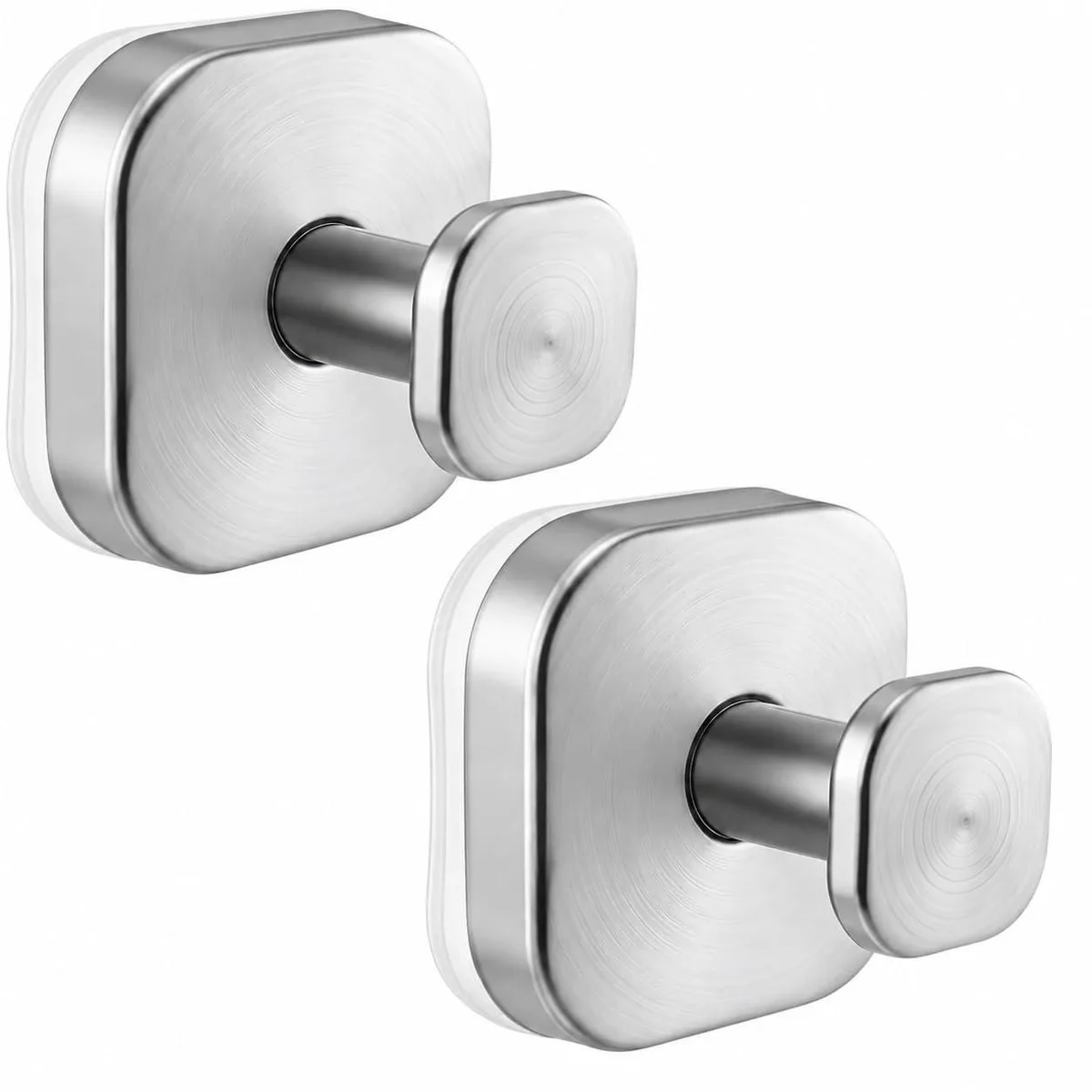 Two silver suction-cup hooks with curved metal hooks