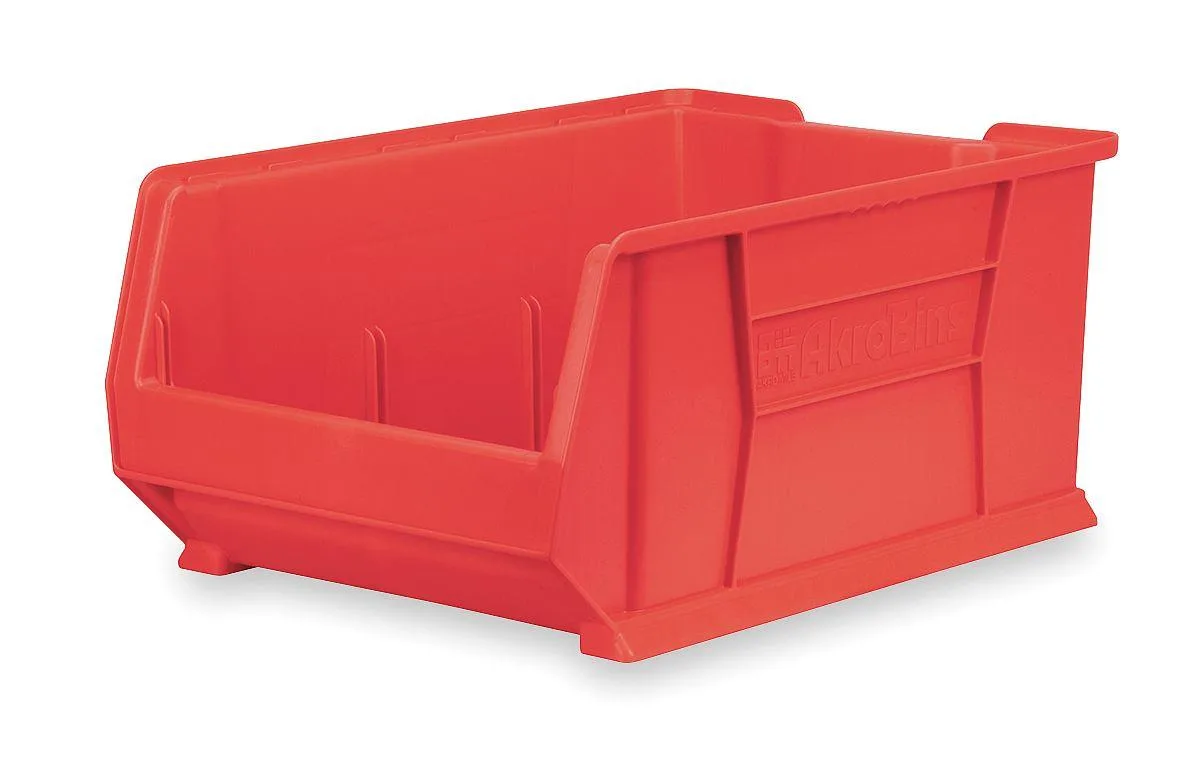 Red plastic storage bin, rectangular with handle and label holder, 23 7/8 in long