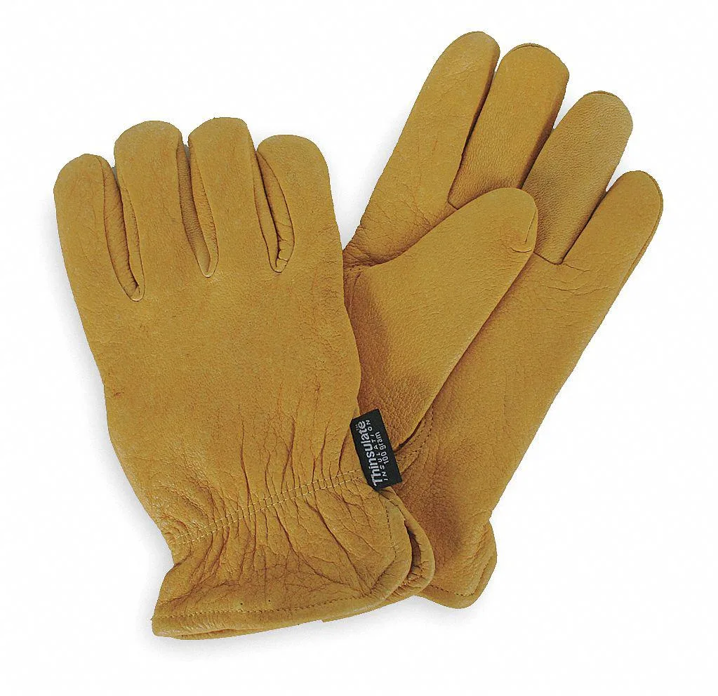 Pair of grain deerskin leather palm gloves with Thinsulate lining, shirred slip-on cuffs, keystone thumb
