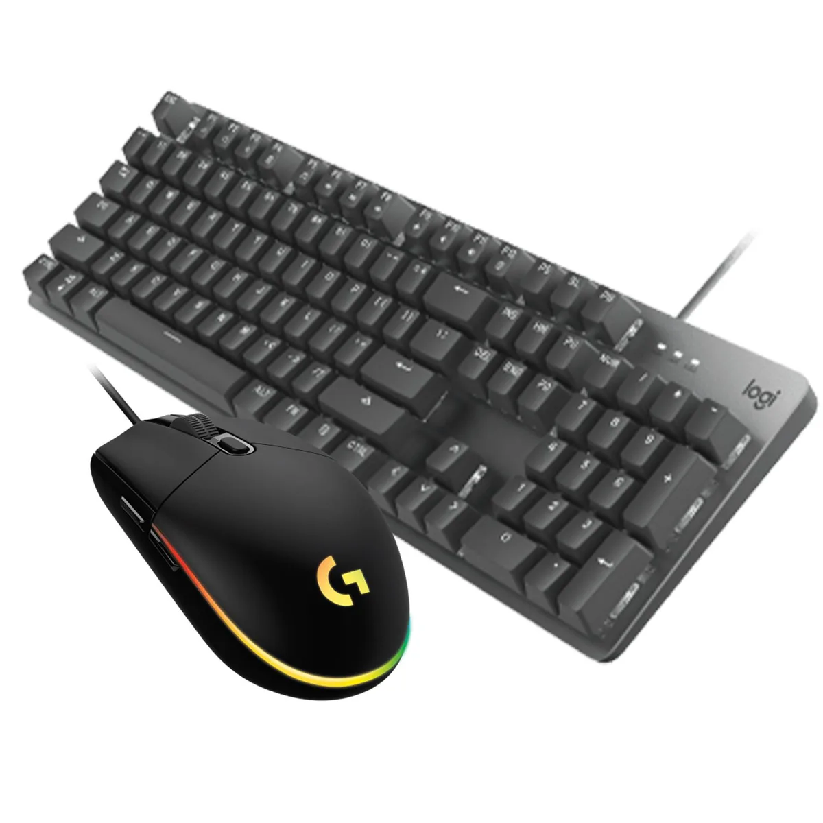Black aluminum mechanical keyboard with numeric keypad and wired gaming mouse RGB lighting