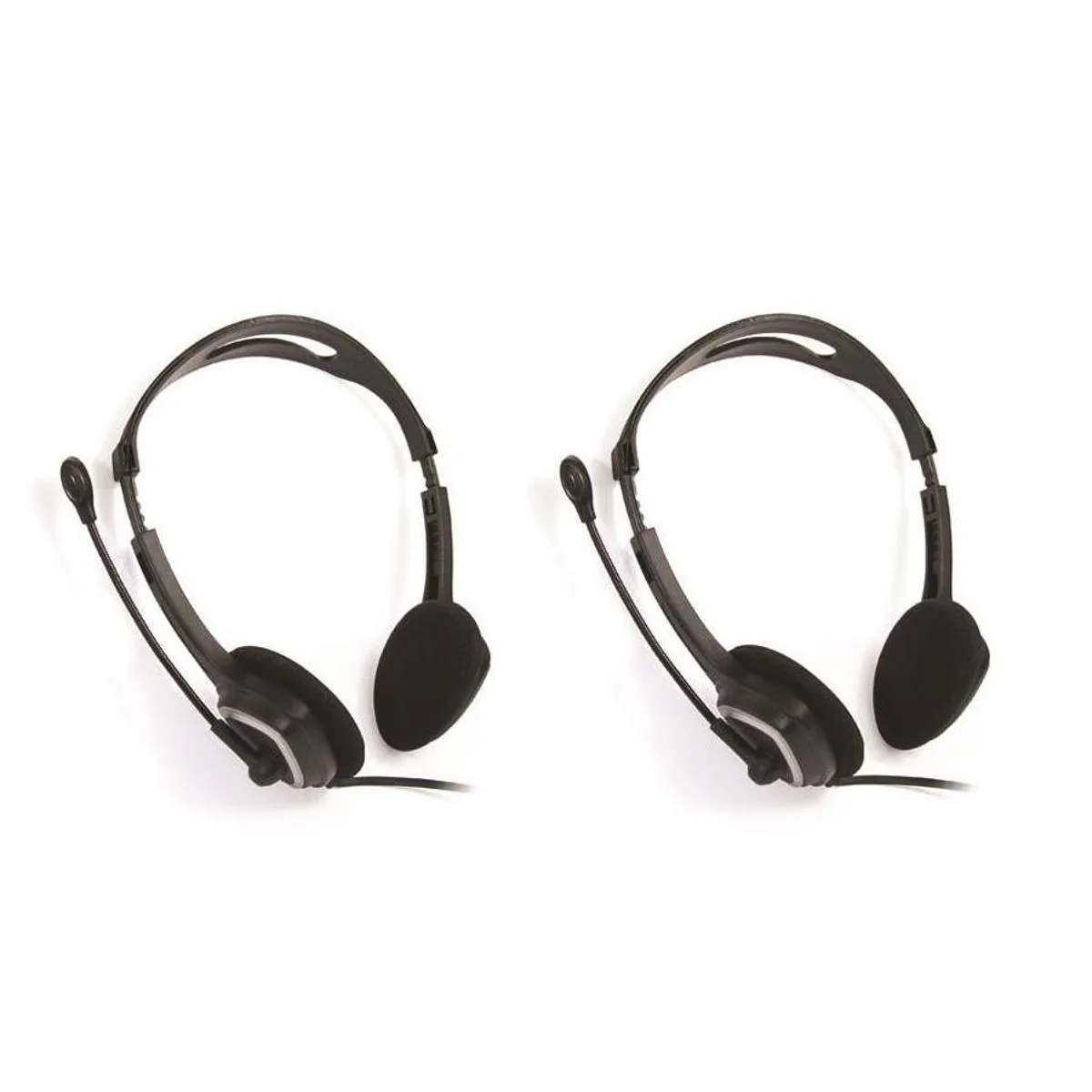 Two black USB headsets with adjustable headbands and boom microphones