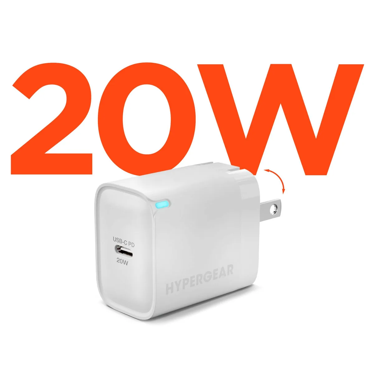 White compact wall charger with foldable prongs and single USB-C port