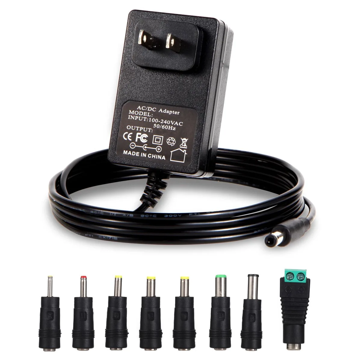Black 9V 1A AC adapter brick with 5.9 ft cable and eight interchangeable barrel tips