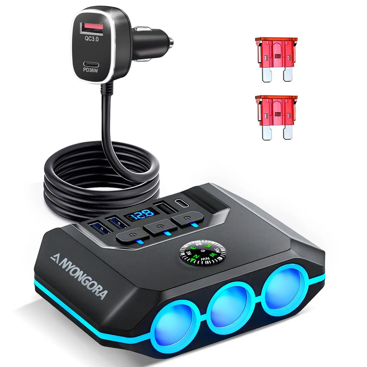 Anyongora 156W 9-in-1 Car Charger 3 Sockets 6 USB PD 36W QC 3.0 — product photo