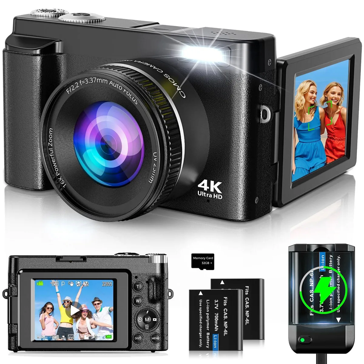  Oiadek DC101AF-4K 48MP 4K Point &amp; Shoot Camera Black — product photo