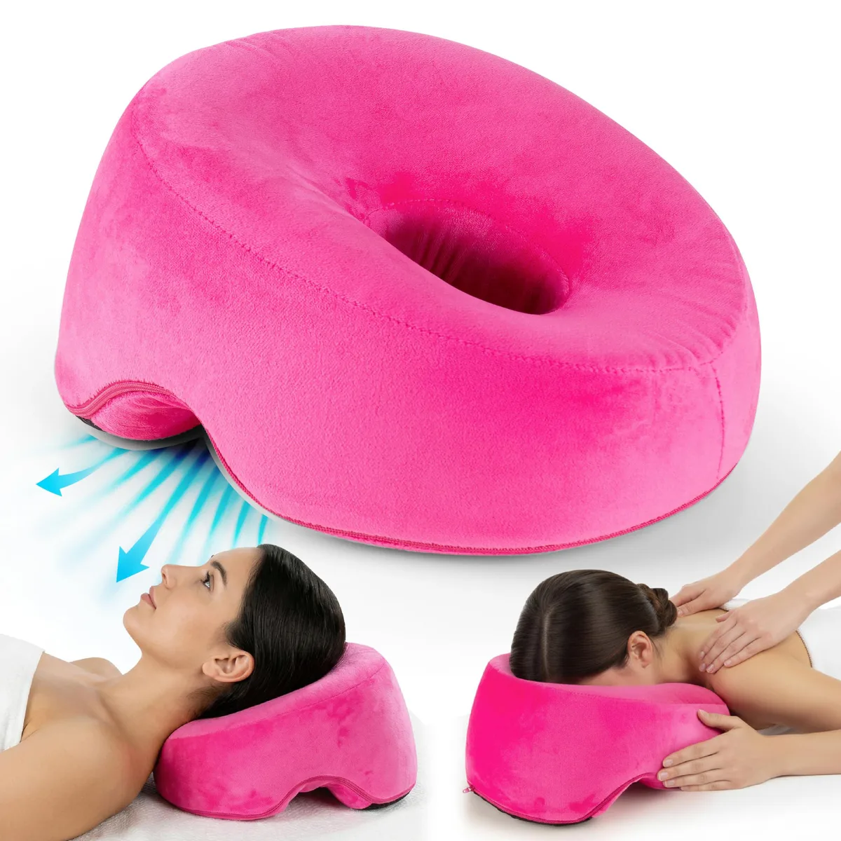 Pink memory foam face-down pillow with nose cutout and removable cotton cover