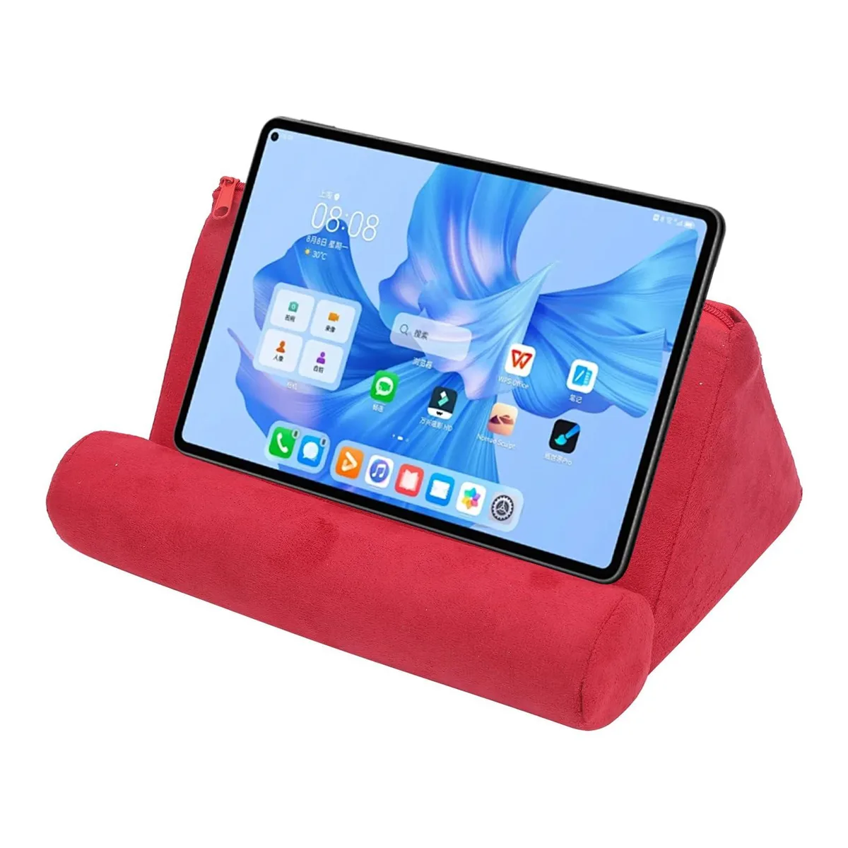 Red suede pillow tablet stand, adjustable 32 inch form factor