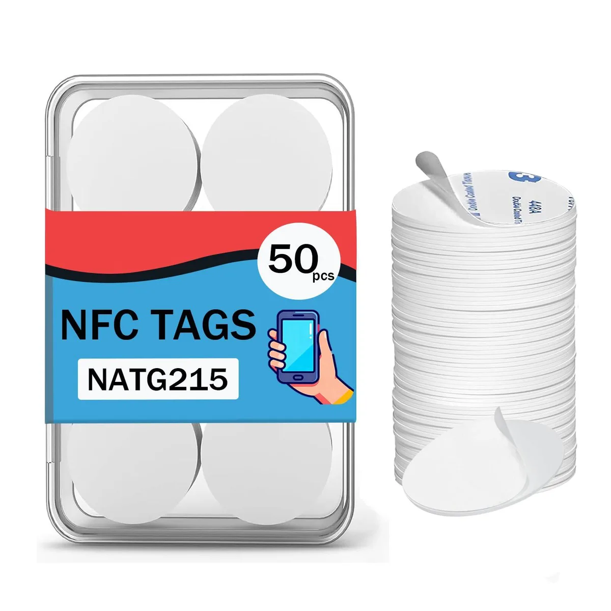 Fifty small round NFC stickers with adhesive backs in a storage case