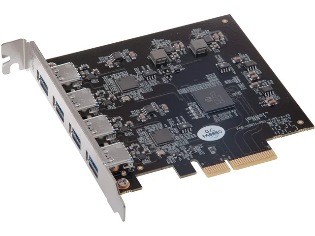 Silver PCIe card with four blue USB-A ports and a full-height bracket