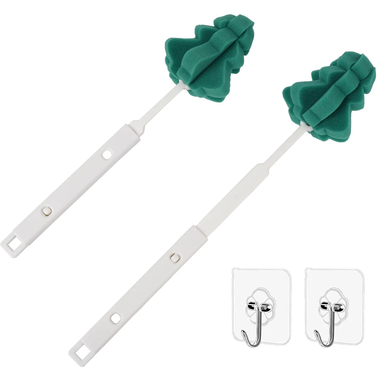 Two adjustable-length sponge bottle brushes with two traceless hooks