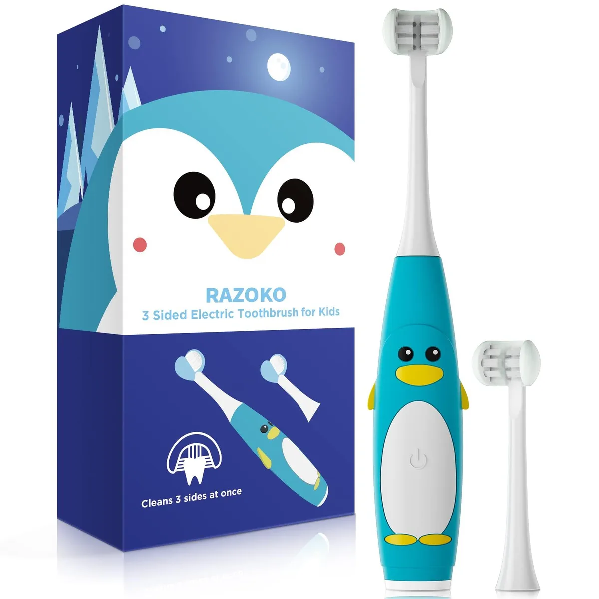 Blue kids electric toothbrush with three-sided brush head and silicone handle
