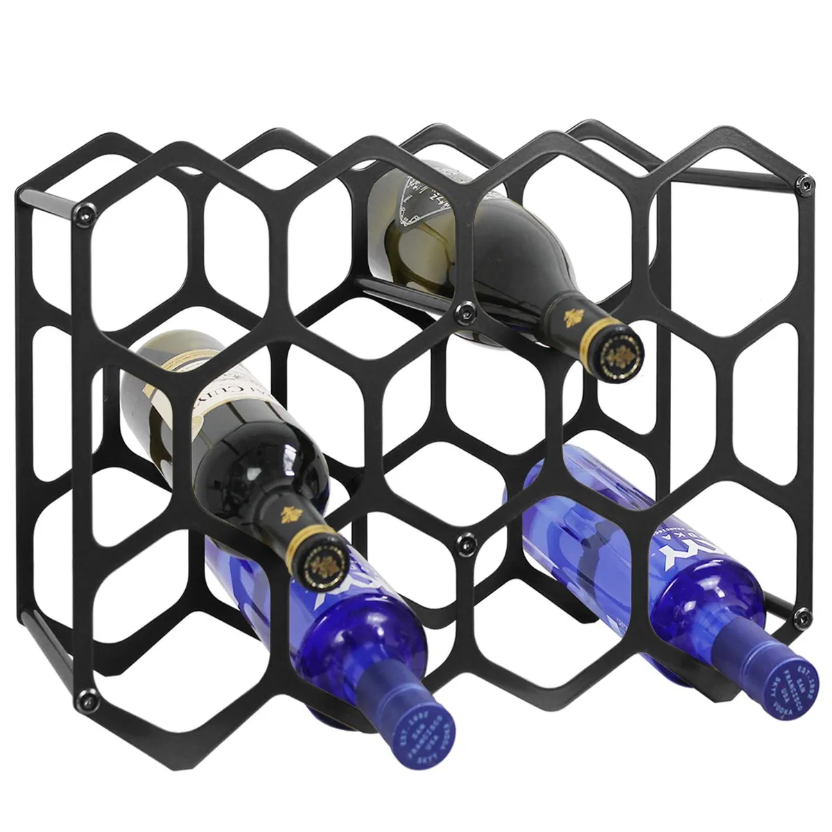 Black freestanding countertop wine rack holding 14 bottles, stainless steel finish, 16.5 by 7.9 by 12.4 inches