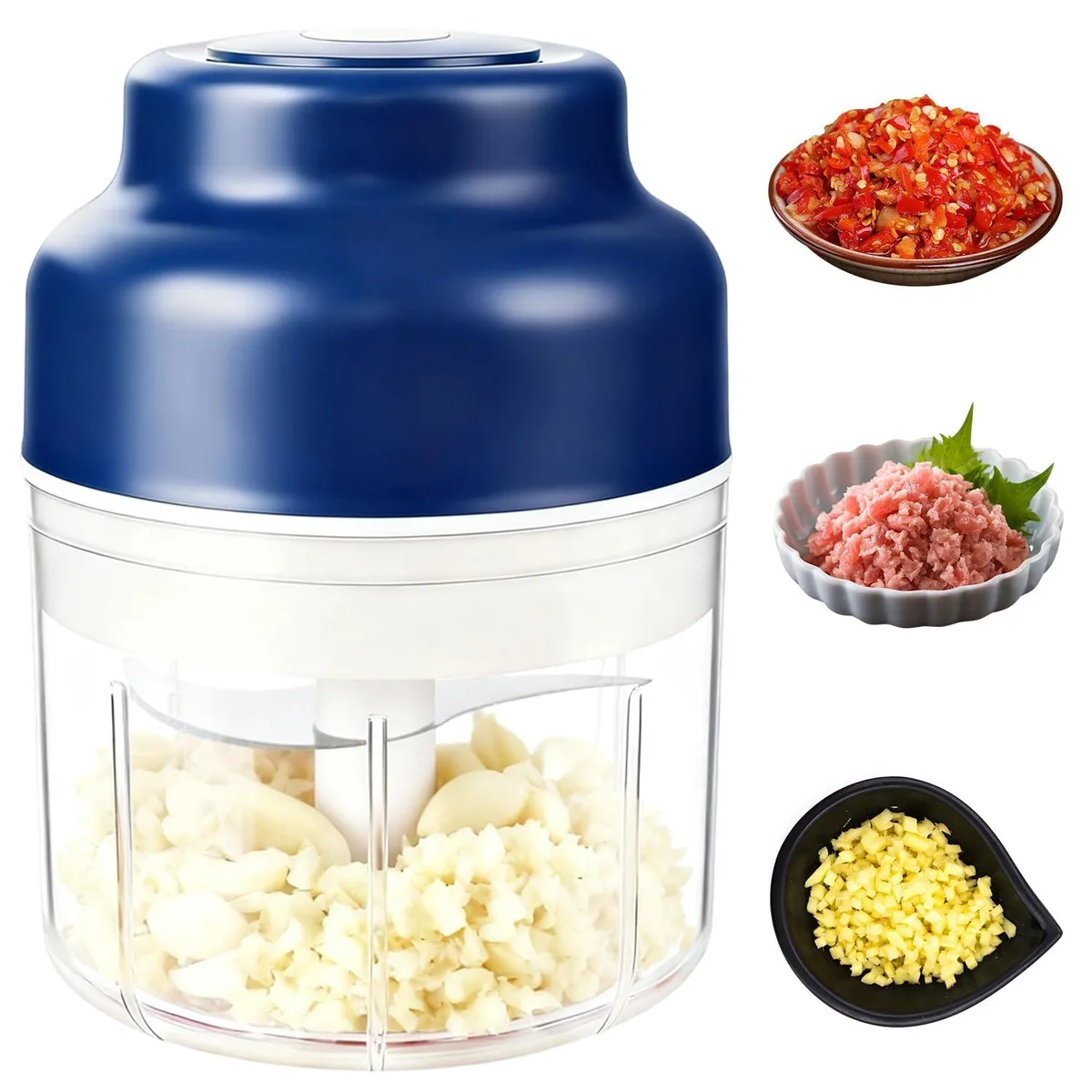 Blue mini electric garlic chopper with removable cup and USB charging