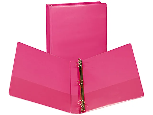 Two berry-coloured view binders with clear overlay covers and round rings