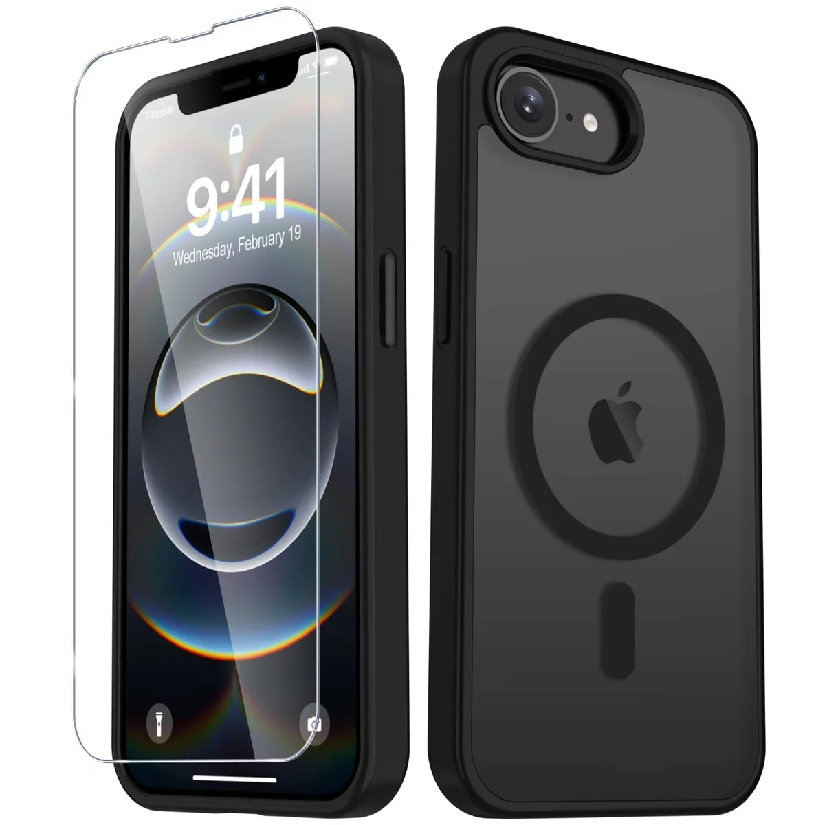 Black matte magnetic case with translucent frosted back and screen protector