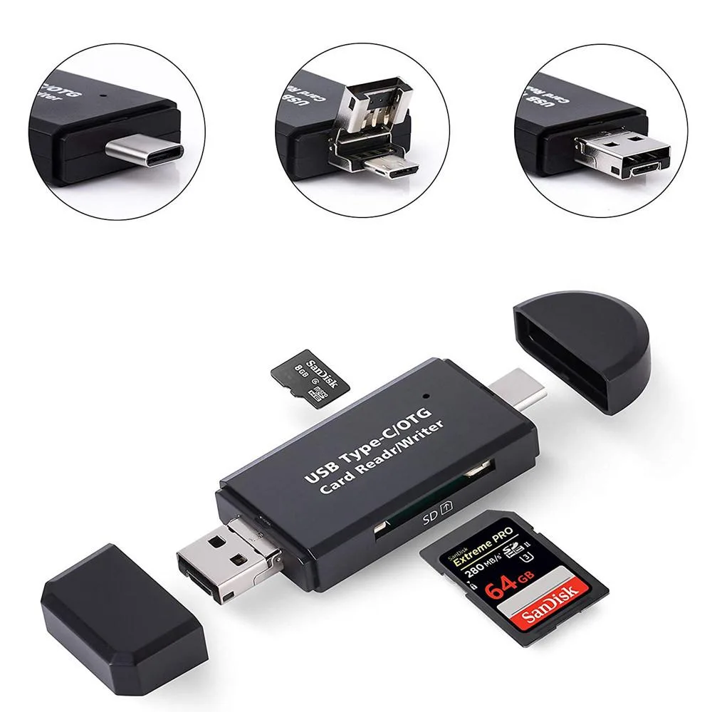 Hetai Tech Hetai Tech 3-in-1 USB 2.0 Card Reader USB-A Micro-USB USB-C — product photo