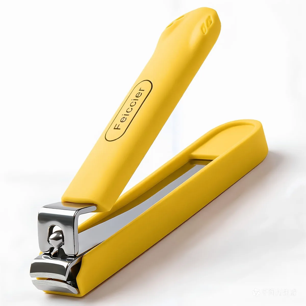 Blue nail clippers with stainless steel blades and yellow non-slip handle, anti-splash catcher visible