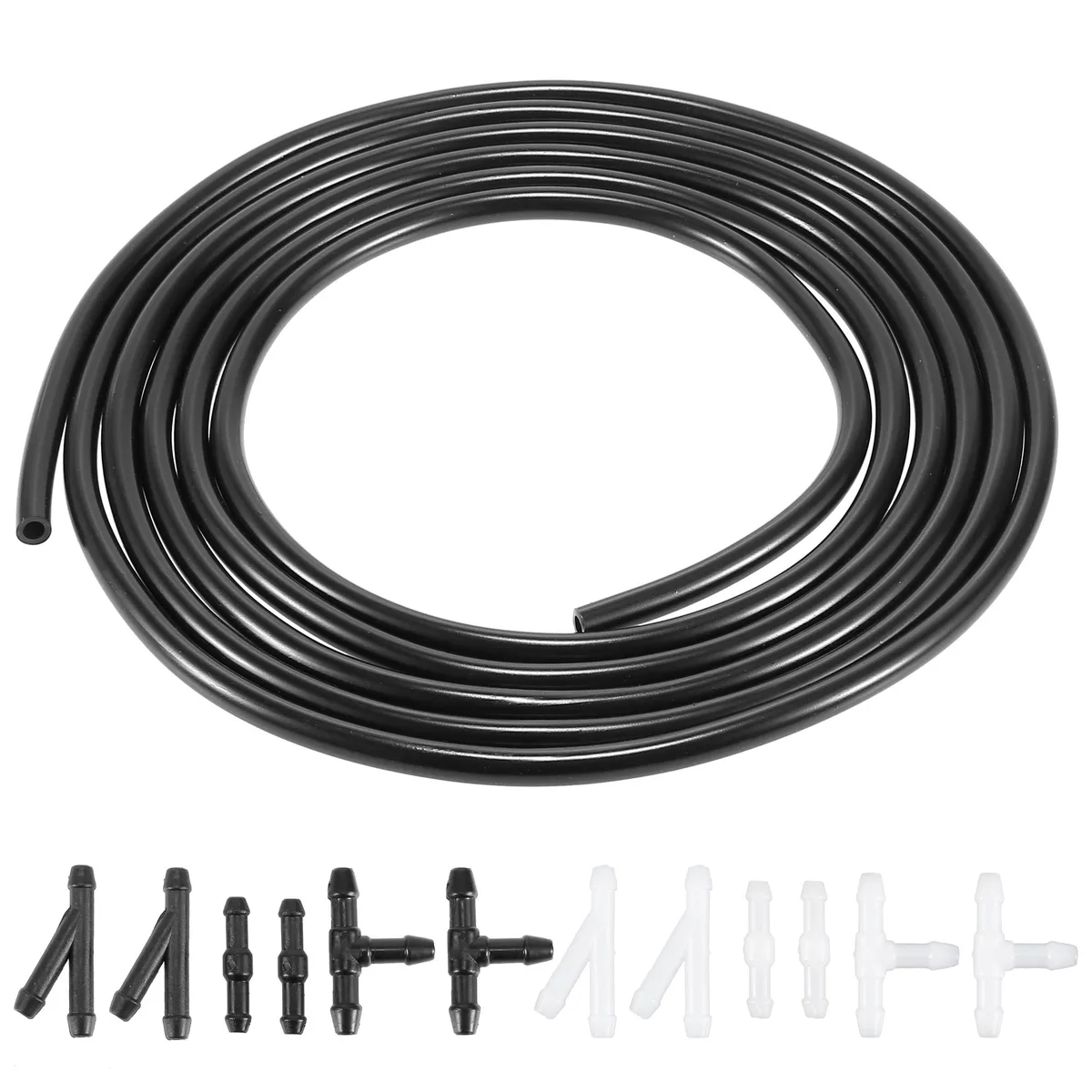 Black rubber hose coil with white plastic Y T and I connectors on neutral background