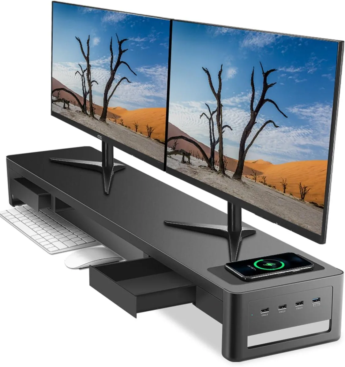 PISKEKAT PISKEKAT Dual Monitor Stand Riser 38.7in 2 Drawers 4 USB 15W Pad — product photo