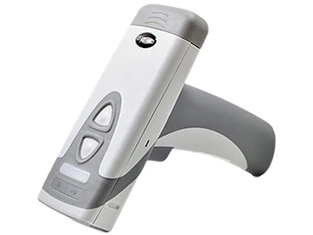 Light gray handheld barcode scanner kit with inductive charging station and USB cable