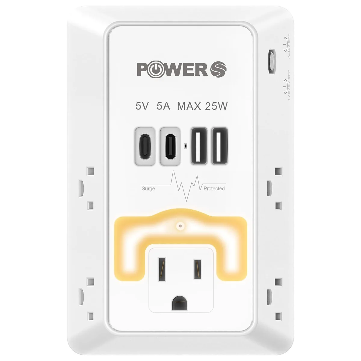 White wall outlet expander with five AC sockets, two USB-C and two USB-A ports, night light sensor, surge protector label