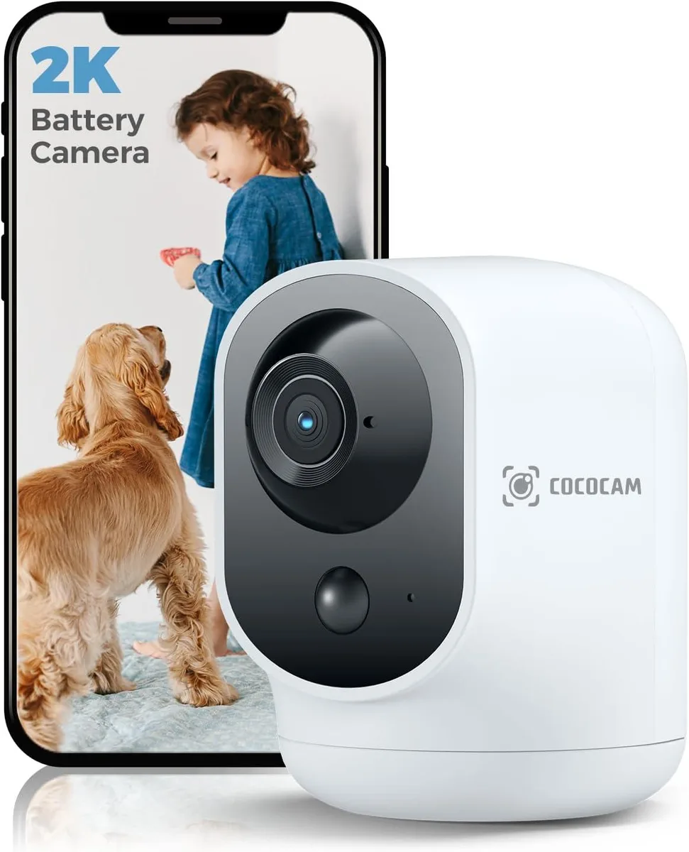 White indoor pan-tilt camera with rechargeable battery