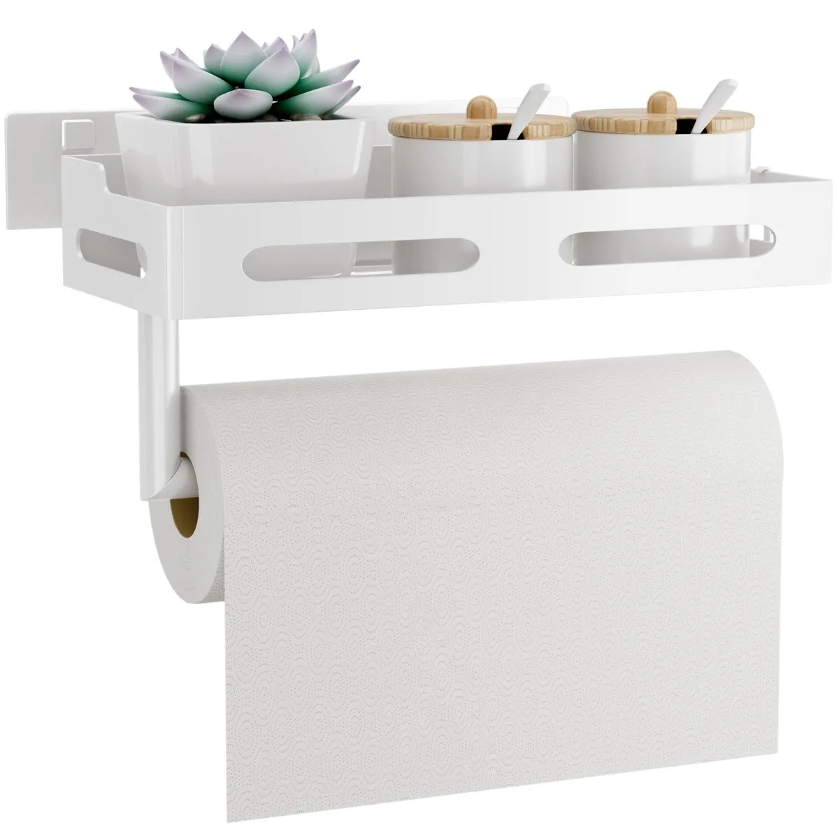  Paper Towel Holder Wall Mount with Shelf, White Metal, 4 Hooks — product photo