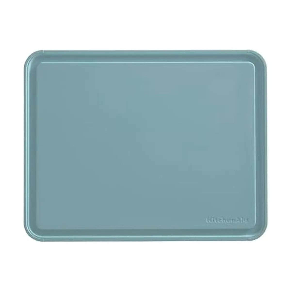 Blue rectangular plastic cutting board with white non-slip edges and perimeter trench