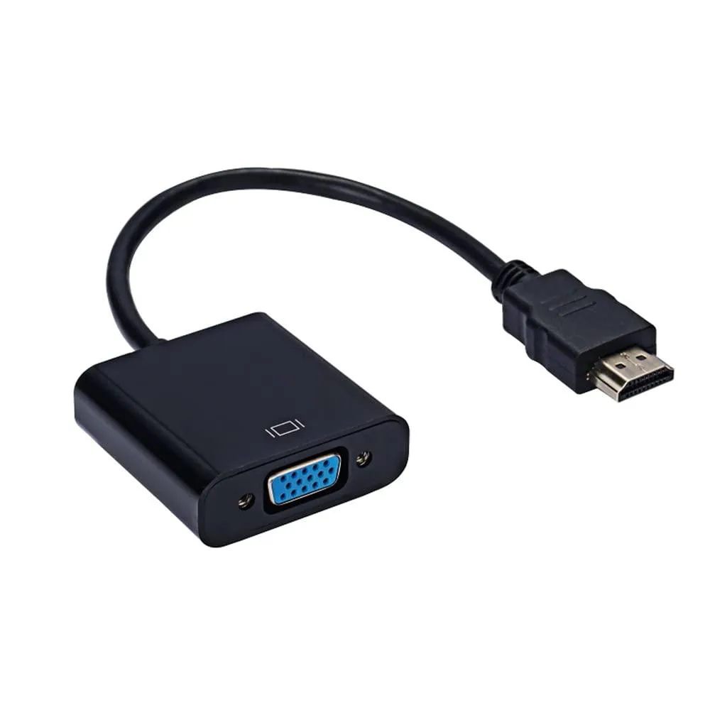 Black HDMI-to-VGA adapter with gold-plated connectors, compact rectangular body, one HDMI plug and one VGA port