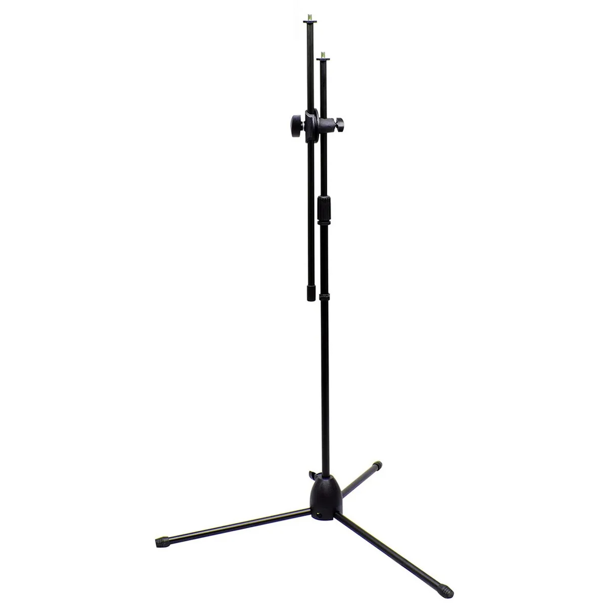 Black tripod microphone boom stand with extendable arm, height adjustable 28 to 65 inches