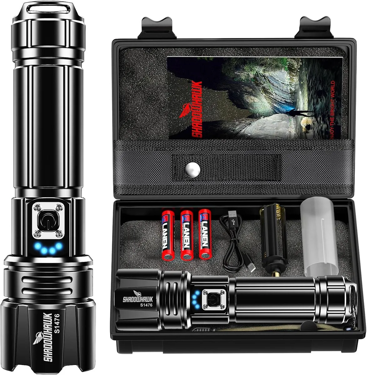 Black cylindrical handheld flashlight with USB-C port and adjustable focus head