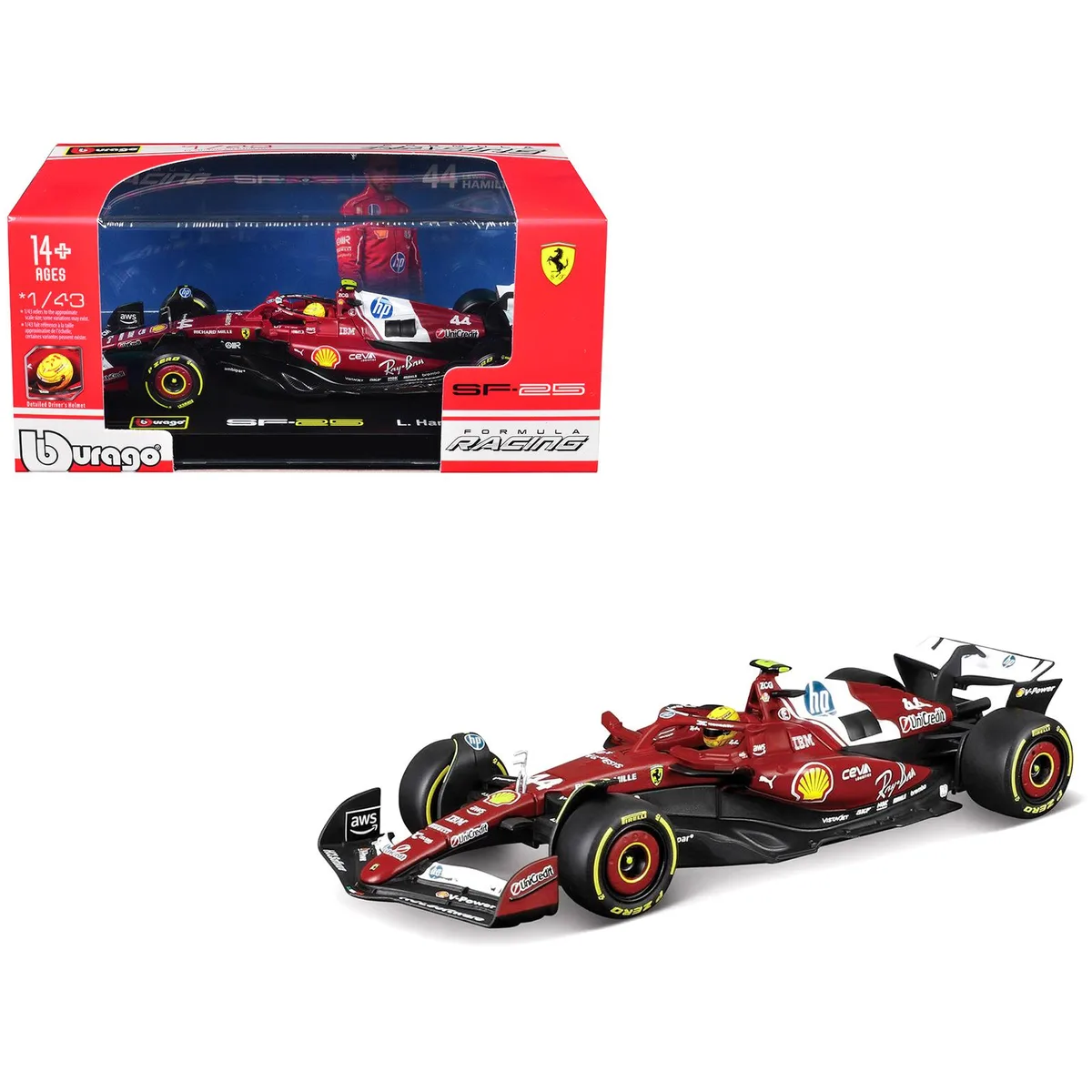 BBURAGO BBURAGO Ferrari SF-25 #44 Lewis Hamilton 2025 1/43 Diecast with Display Case — product photo