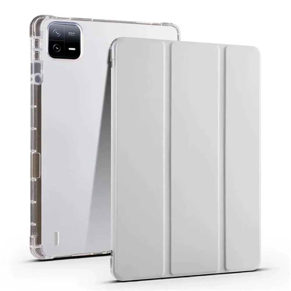 Gray trifold tablet case with PU leather cover, soft TPU back, built-in pencil holder and foldable stand