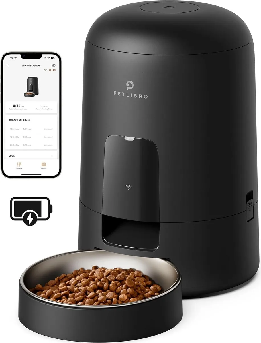 Black cylindrical automatic pet feeder with a locking lid and 2L capacity